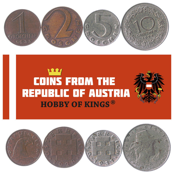 4 Coins Austria First Schilling 1 2 5 10 Groschens 1925 - 1938