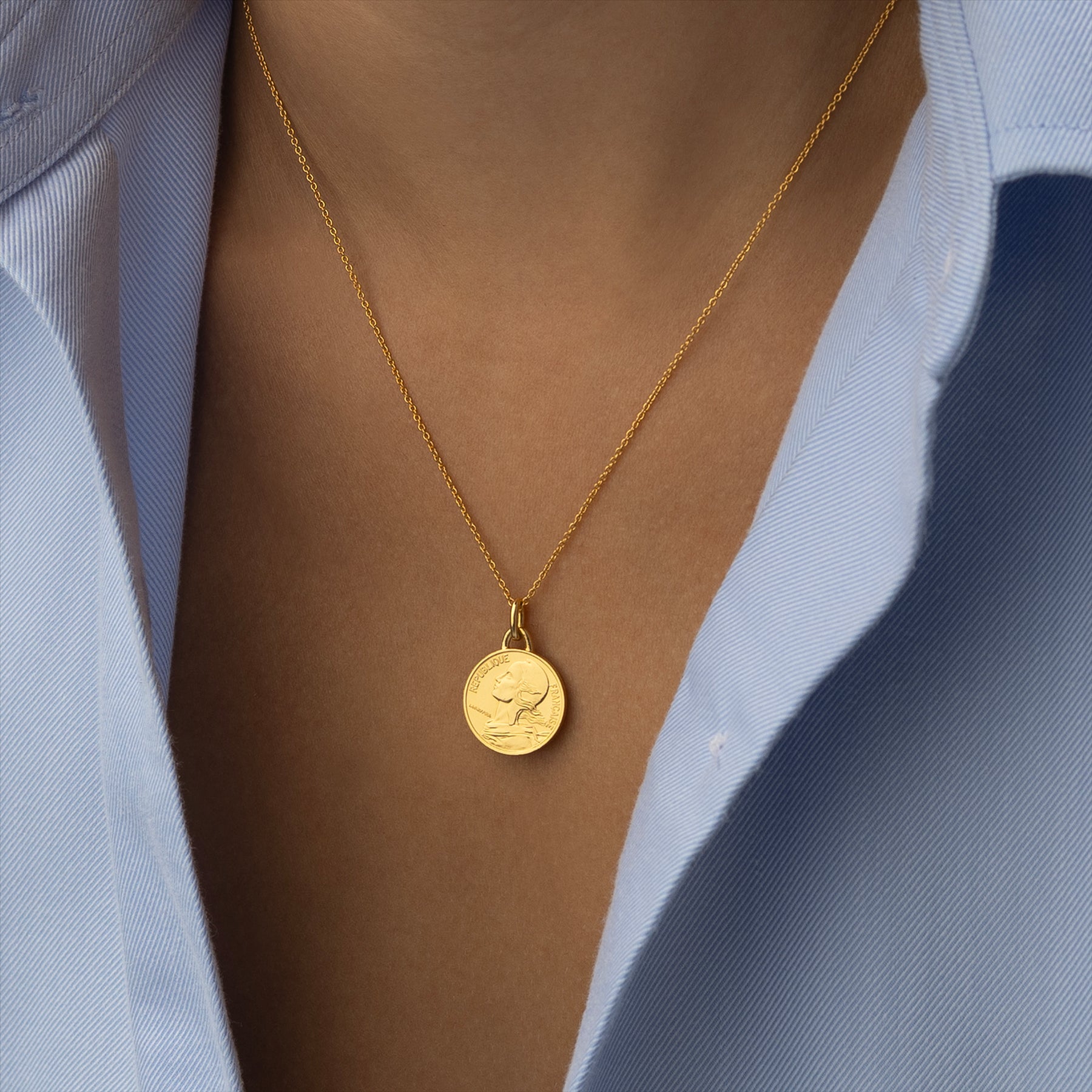 French Coin Necklace | Medallion Pendant Jewelry | 18K Gold Plated 5 Centimes | 1966 - 2001