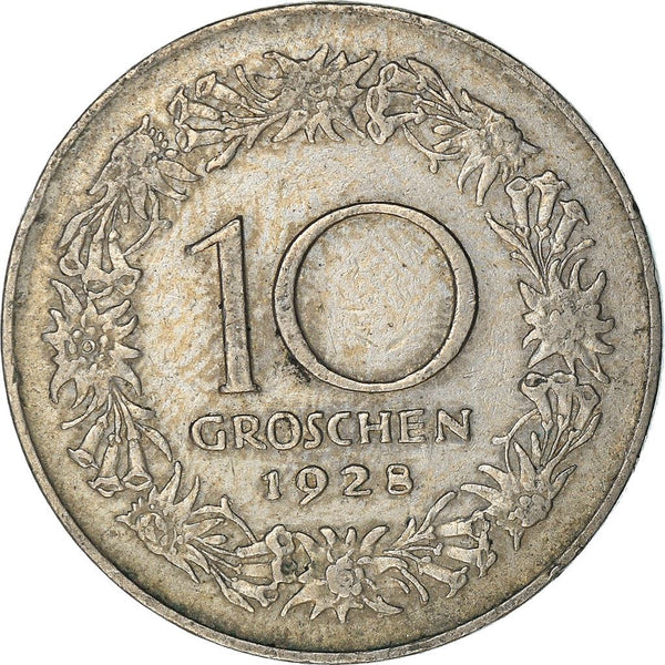 Austria 10 Groschen Coin | Edelweiss Flowers | KM2838 | 1925 - 1929