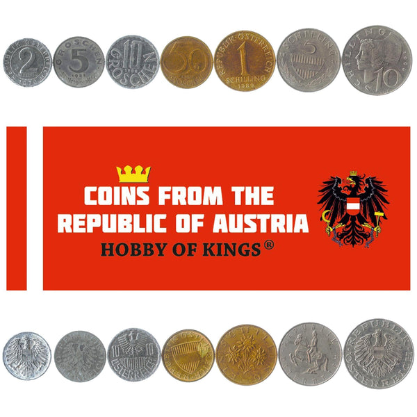 Set 7 Coins Austria 2 5 10 50 Groschen 1 5 10 Schilling 1948 - 2001
