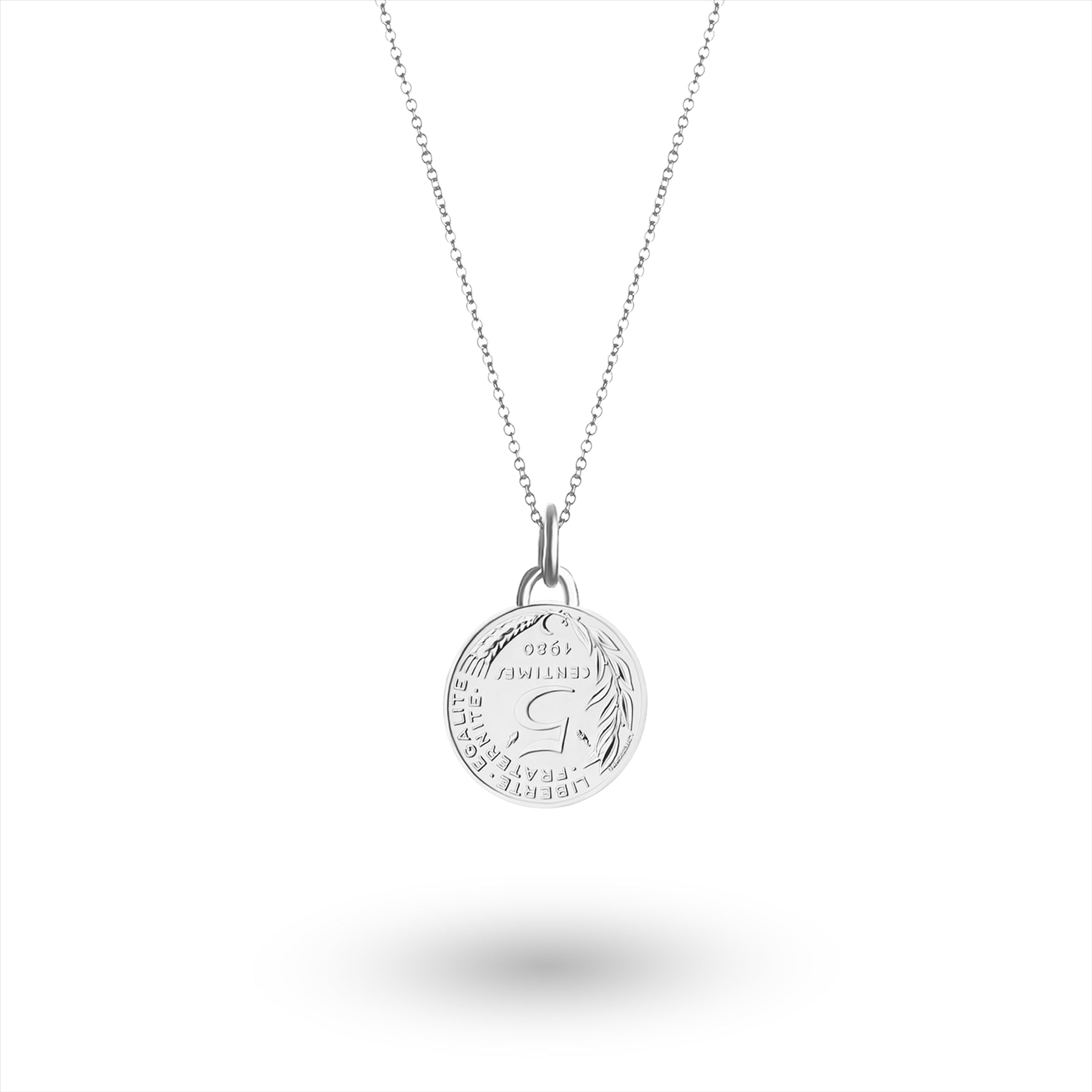 French Coin Necklace | Medallion Pendant Jewelry | Rhodium Plated 5 Centimes | 1966 - 2001
