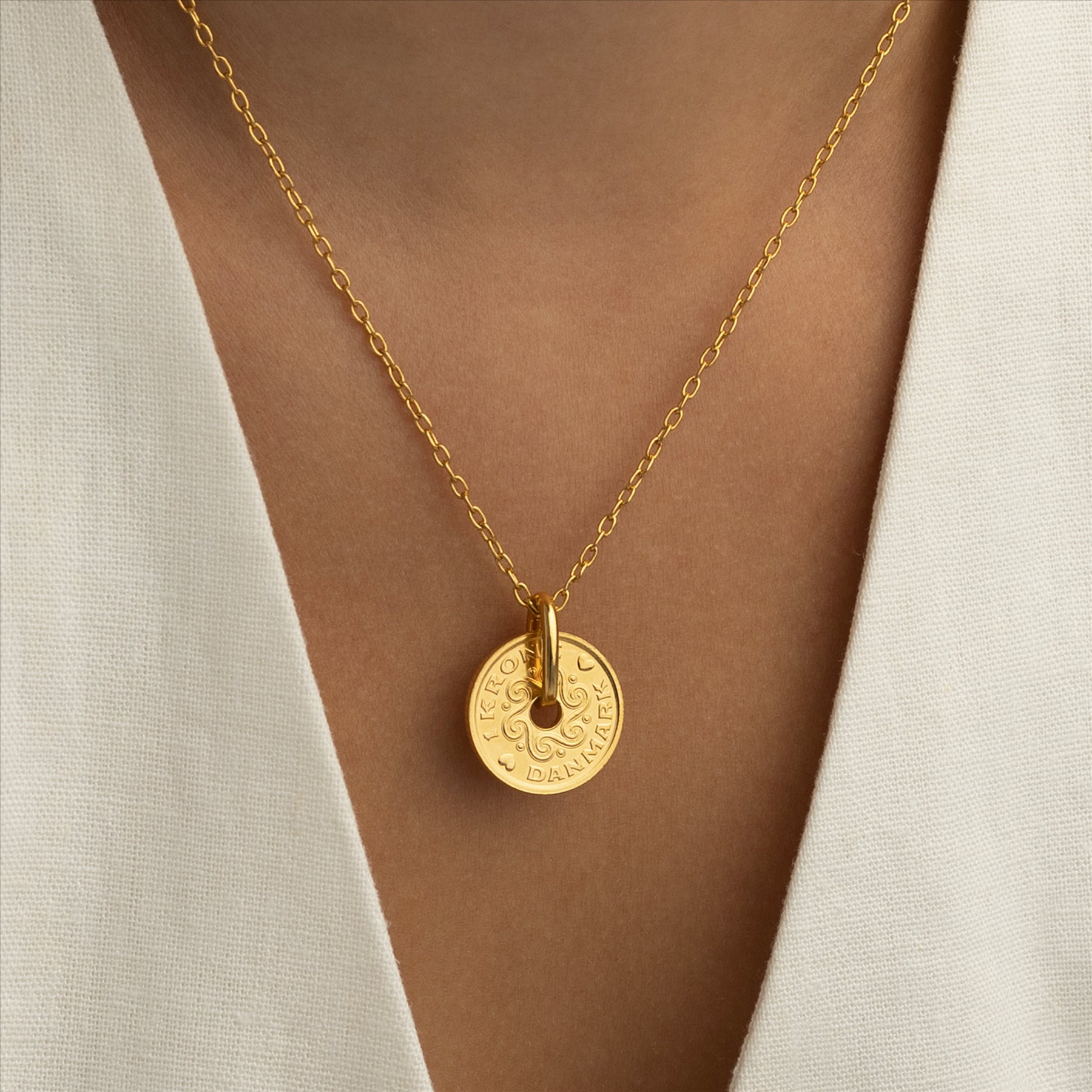 Danish Coin Necklace | Medallion Pendant Jewelry | 18K Gold Plated 1 Krone | Denmark | 1992 - 2023