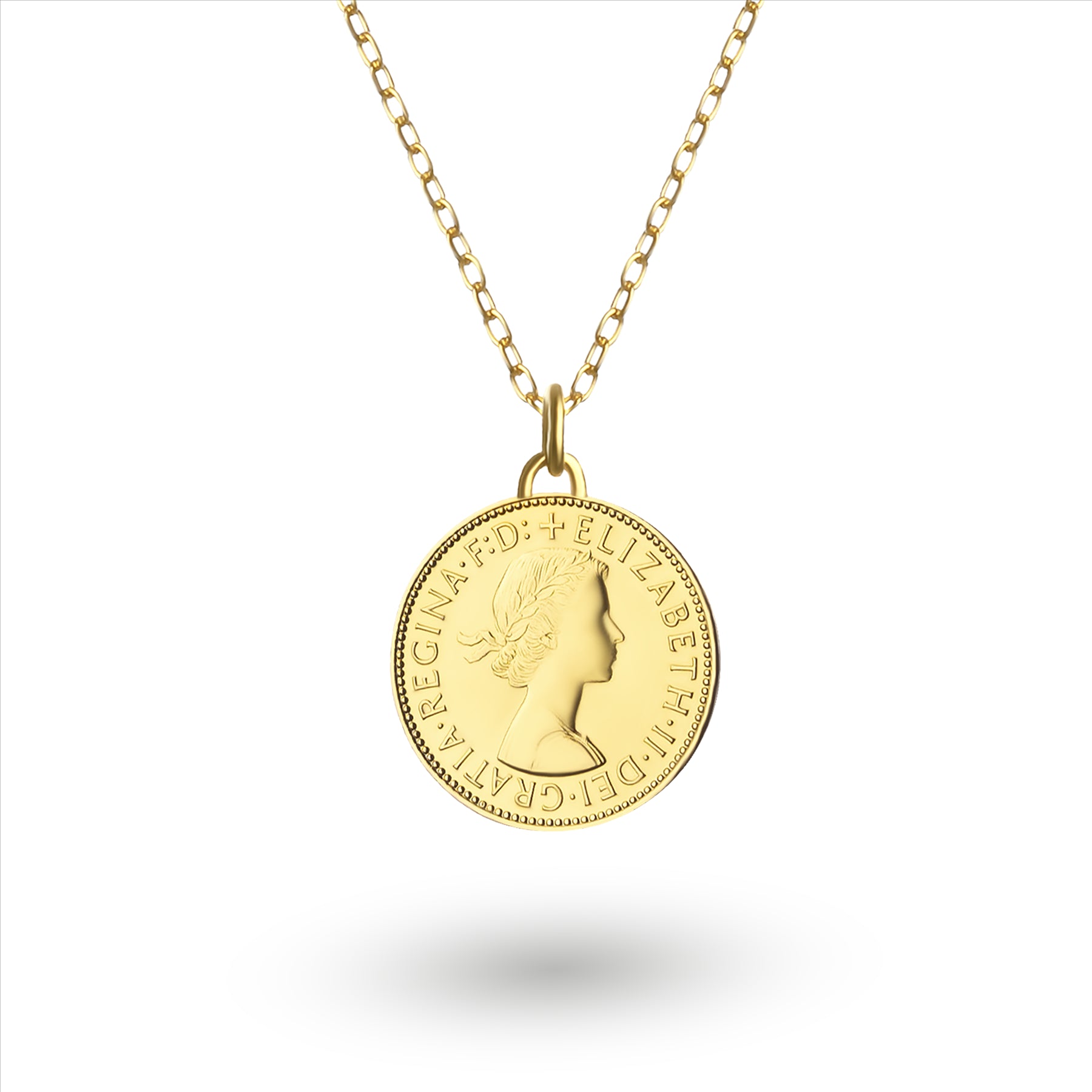 British Coin Necklace | Medallion Pendant Jewelry | 18K Gold Plated 1/2 Penny | Queen Elizabeth II | 1954 - 1970