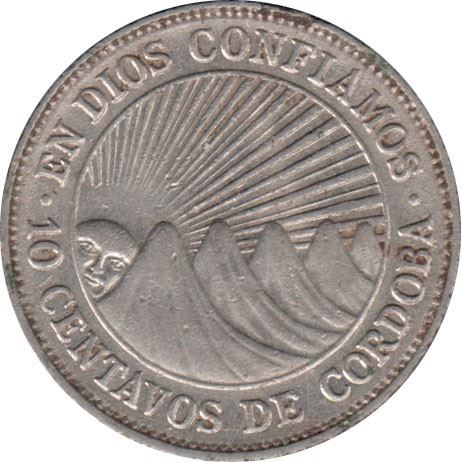 Nicaragua | 10 Centavos Coin | Explorer | Sun | Volcanos | Km:17.2A | 1972