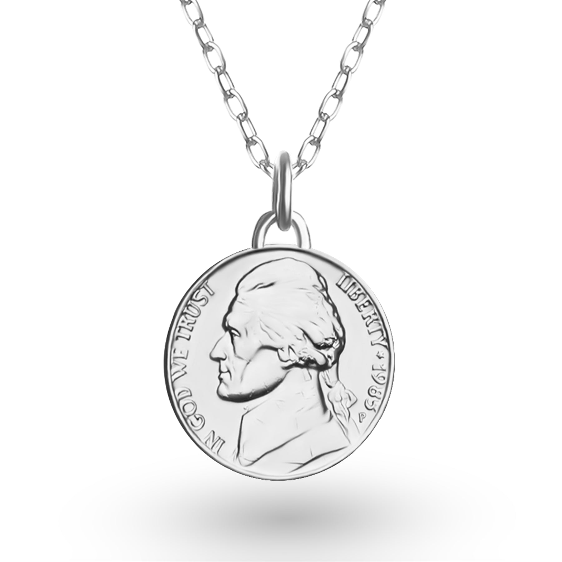 US Coin Necklace | Medallion Pendant Jewelry | Rhodium Plated United States of America 5 Cents | T. Jefferson | 2002
