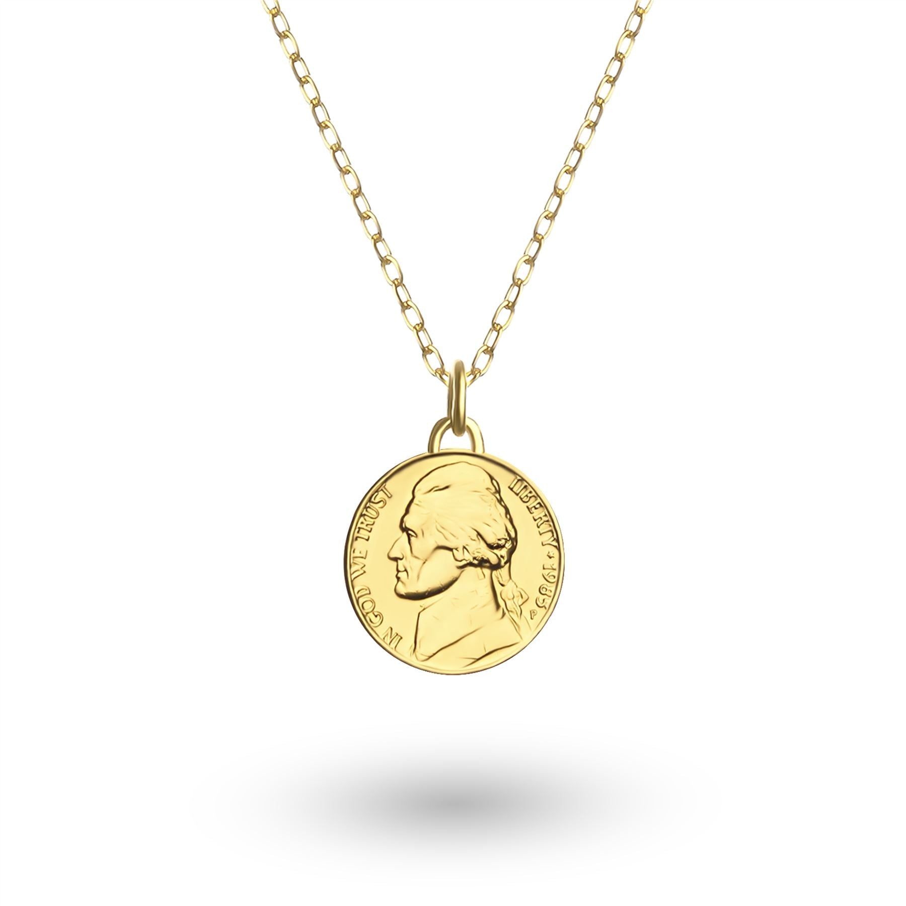 24K Gold Plated Genuine United States of America 5 Cents Coin Necklace | Medallion | Thomas Jefferson | 1938 - 2003