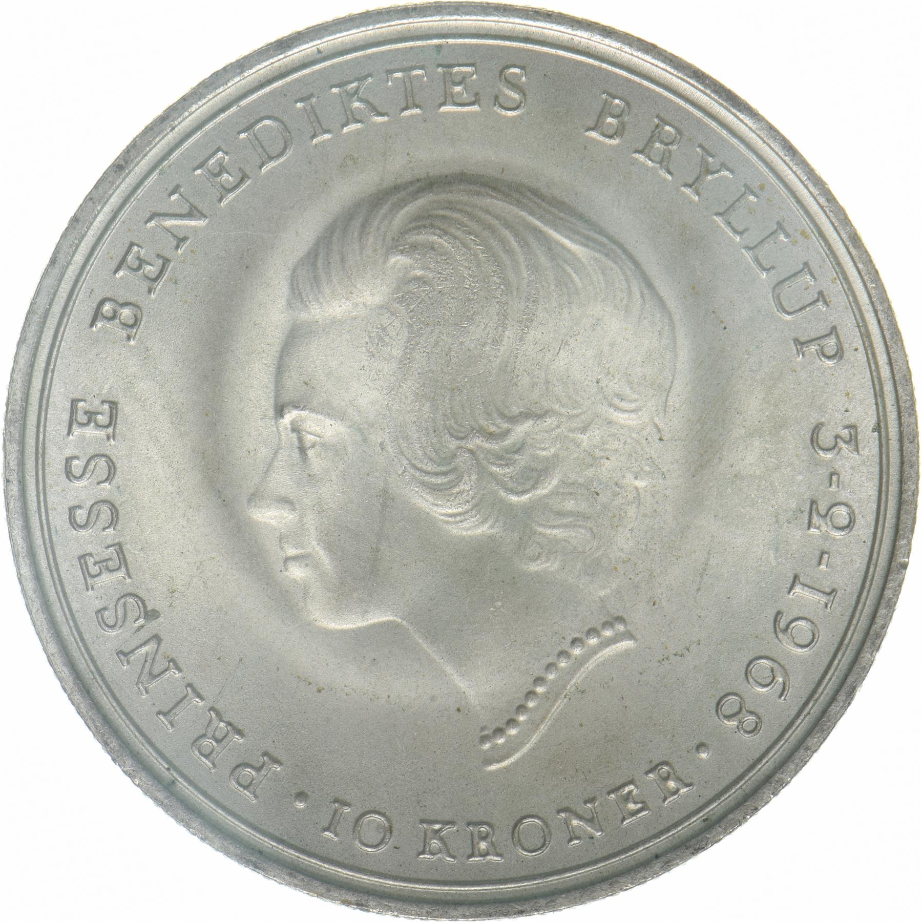 Denmark | 10 Kroner Coin | Silver | Wedding of Princess Benedikte | KM:857 | 1968