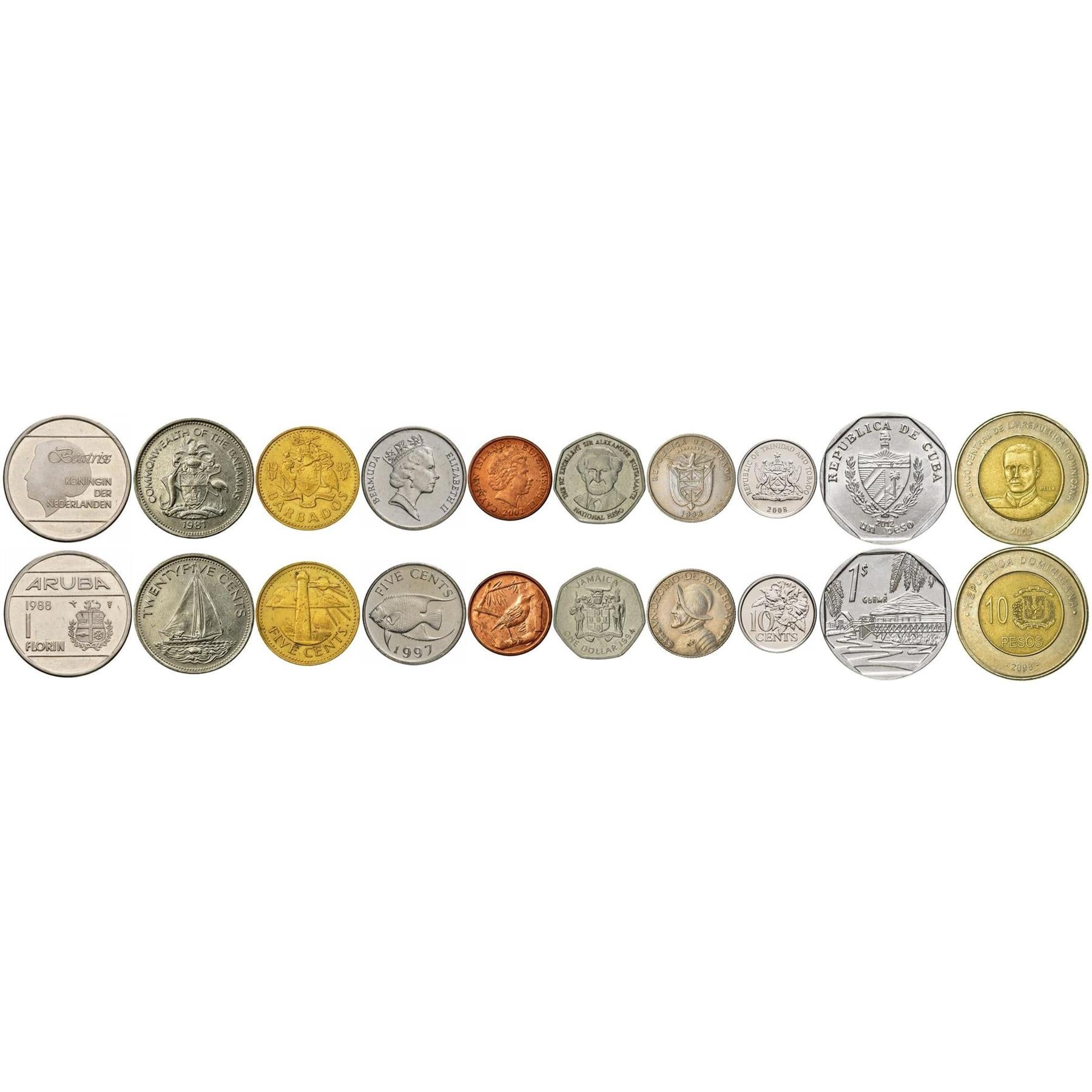 10 Island Coins – 10 Caribbean Countries – Real Circulated Currency with Wildlife & Cultural Designs