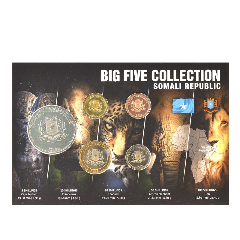 5 Coin Set Somalia | The Big Five Animals | 5 10 20 50 100 Shillings | Water Buffalo | Rhino | Elephant | Leopard | Lion 2013