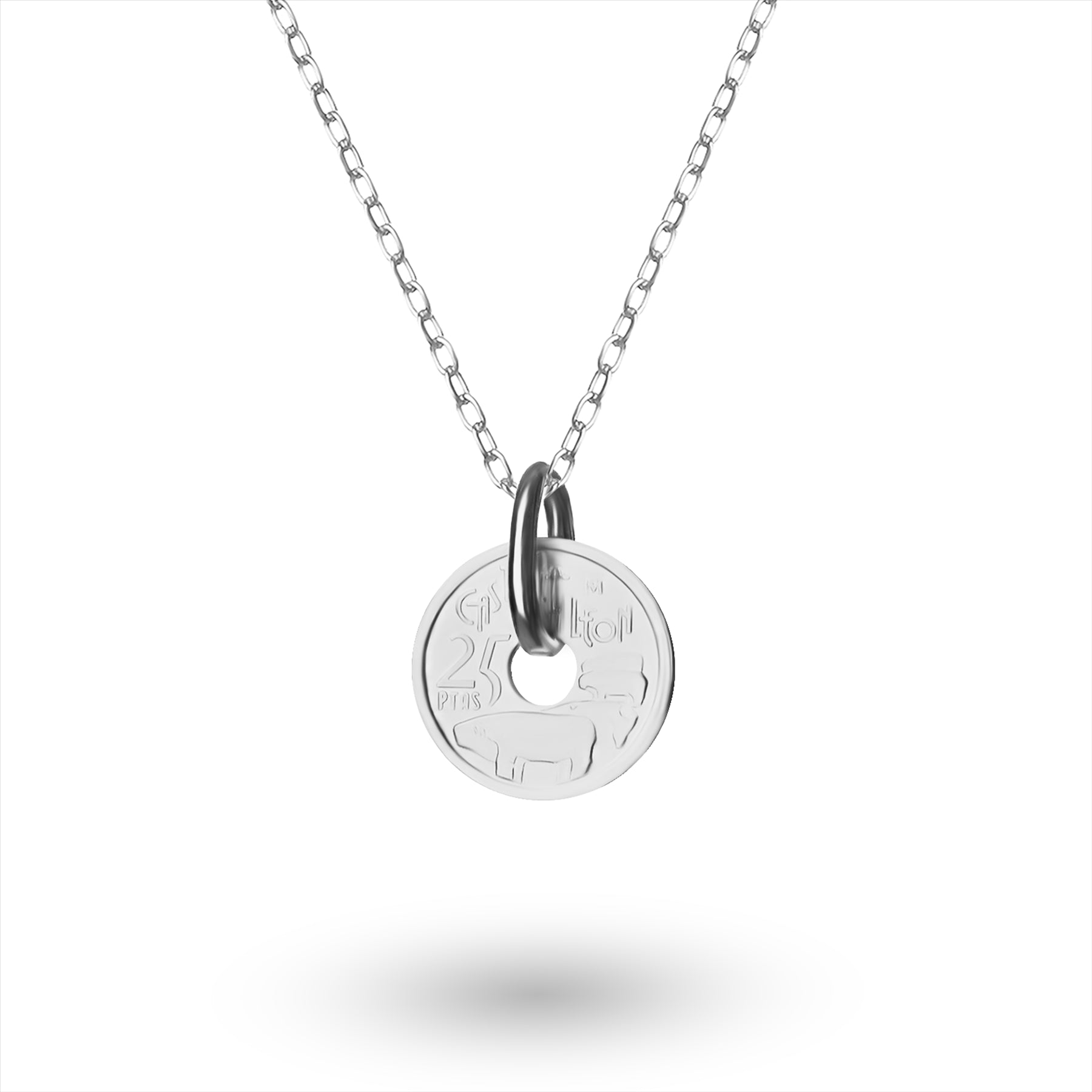 Spanish Coin Necklace | Medallion Pendant Jewelry | Rhodium Plated 5 Pesetas | Castile and Leon | 1995