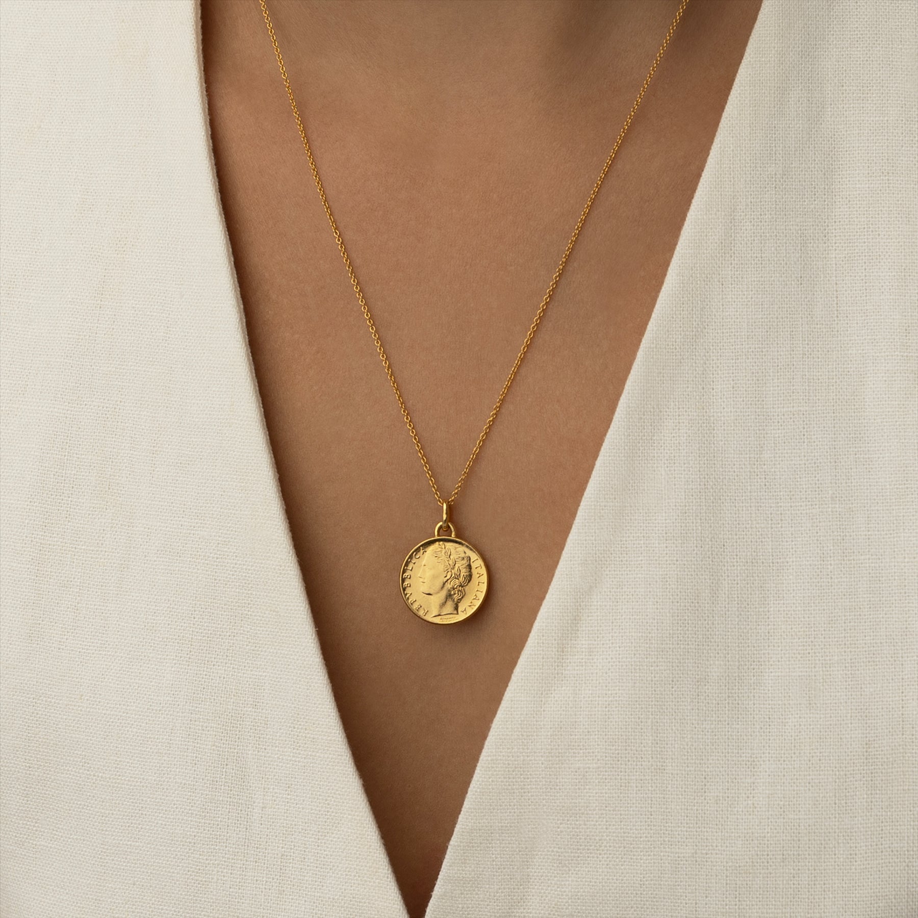 Italian Coin Necklace | Medallion Pendant Jewelry | 18K Gold Plated 100 Lira | Goddess Minerva | 1990 - 1992
