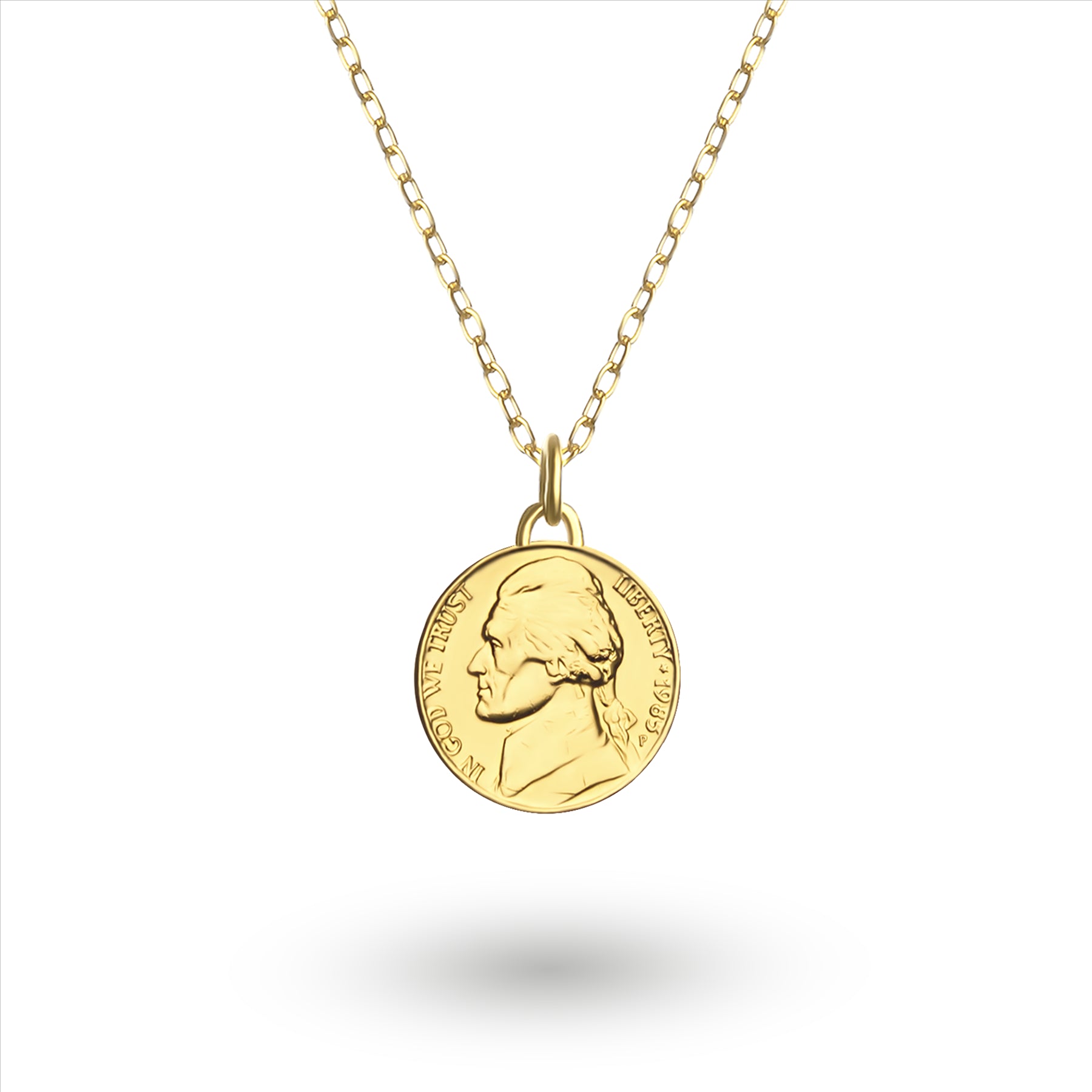 US Coin Necklace | Medallion Pendant Jewelry | 18K Gold Plated United States 5 Cents | T. Jefferson | 2002