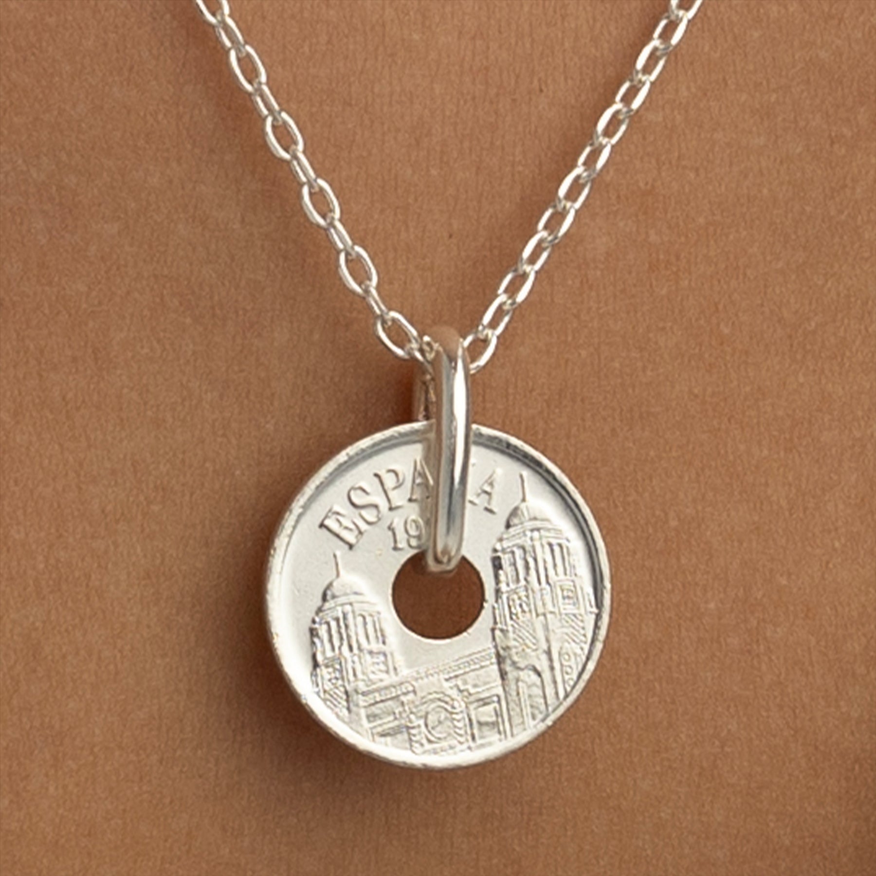 Spanish Coin Necklace | Medallion Pendant Jewelry | Rhodium Plated 25 Pesetas | Melilla | 1997