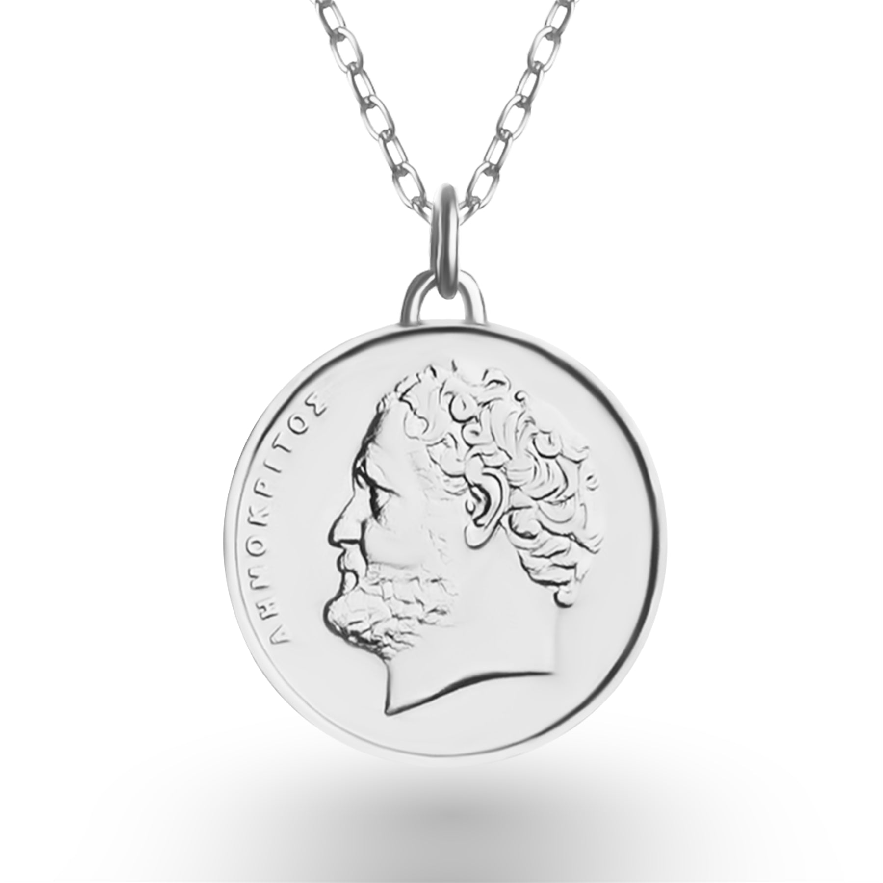 Greek Coin Necklace | Medallion Pendant Jewelry | Rhodium Plated 10 Drachmes | Democritus | 1976 - 2000