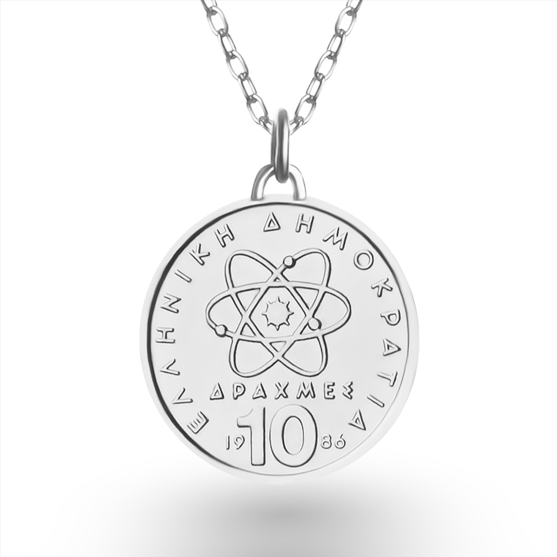 Greek Coin Necklace | Medallion Pendant Jewelry | Rhodium Plated 10 Drachmes | Democritus | 1976 - 2000
