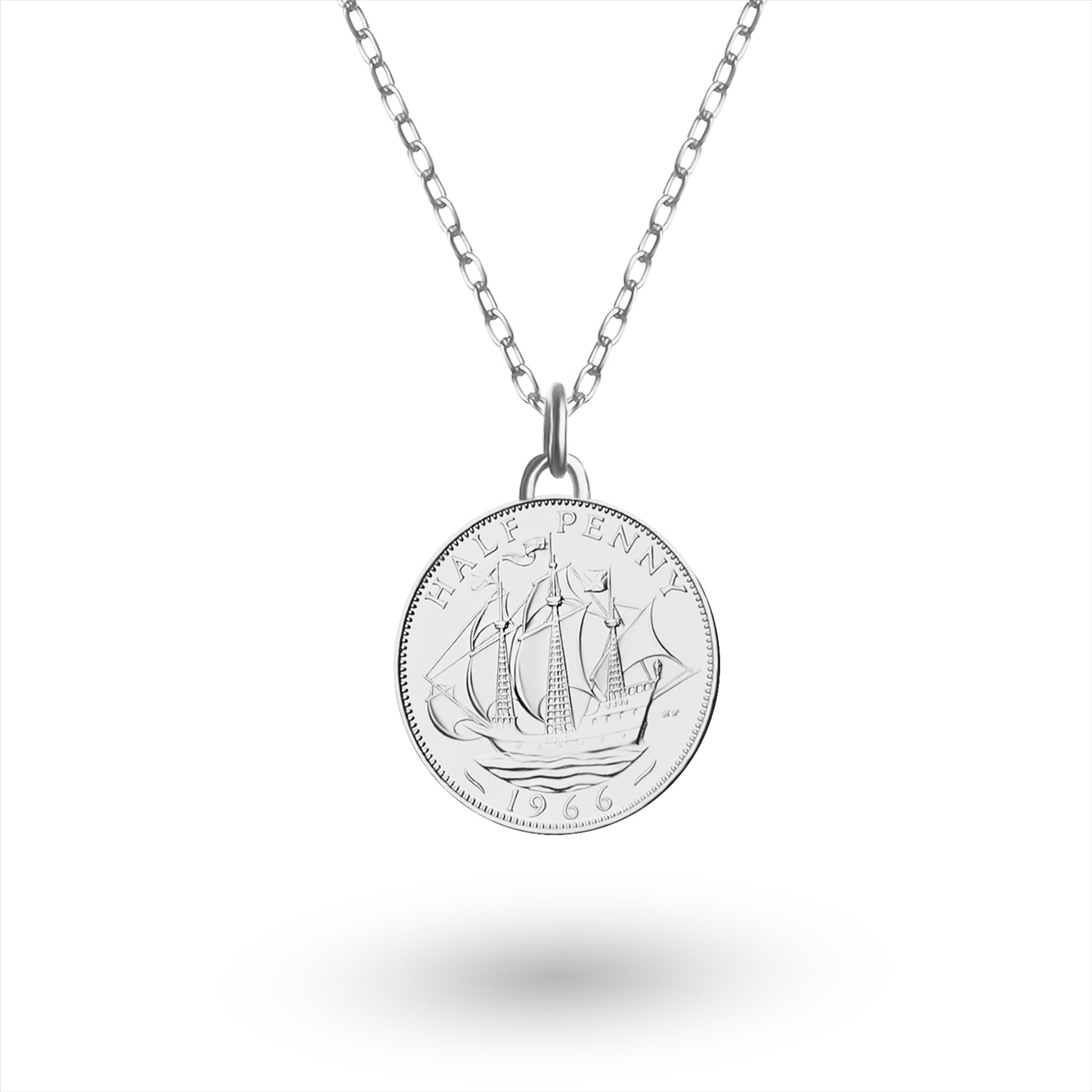 British Coin Necklace | Medallion Pendant Jewelry | Rhodium Plated 1/2 Penny | Queen Elizabeth II | 1954 - 1970