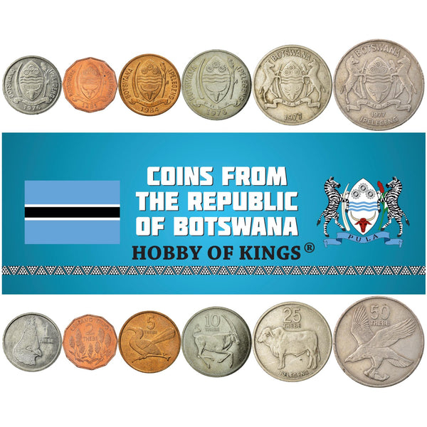 Batswana 6 Coin Set 1 2 5 10 25 50 Thebe | Gemsbok | Brahman Bull | Red-Billed Hornbill | African Fish Eagle | Turako | 1976 - 1989