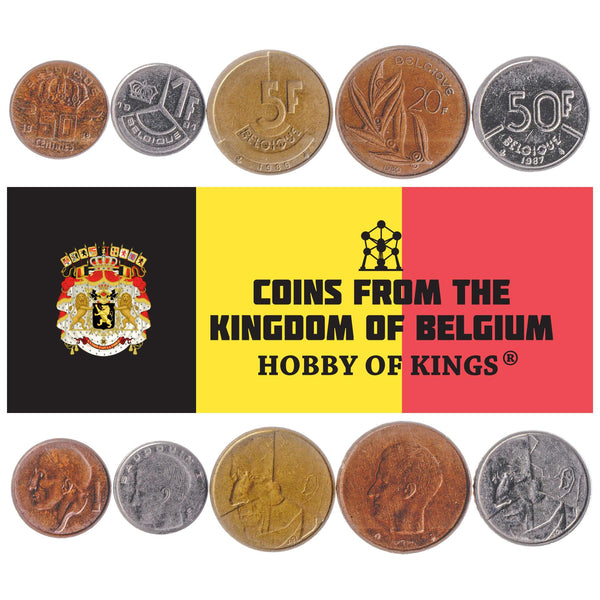 Belgian 5 Coin Set 50 Centimes 1 5 20 50 Francs | Olive branch | Lion | Star | Constitution | Ivy | Oak twig | 1980 - 1993