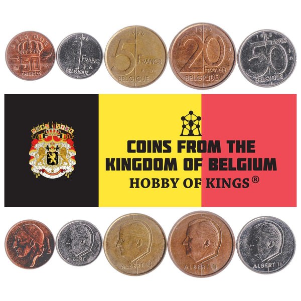 Belgian 5 Coin Set 50 Centimes 1 5 20 50 Francs | Olive branch | Lion | Star | Constitution | Ivy | Oak twig | 1994 - 2001