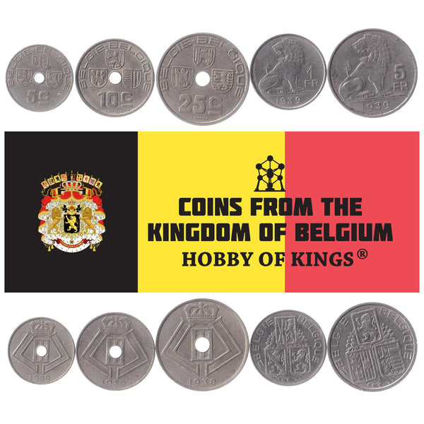 Belgian 6 Coin Set 5 10 25 Centimes 1 5 50 Francs | Olive branch | Lion | Star | Constitution | Ivy | Oak twig | 1938 - 1940
