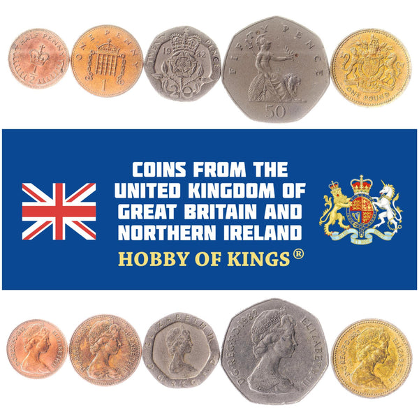 British 5 Coin Set 1/2 1 20 50 Pence 1 Pound | Elizabeth II | Portcullis | Tudor Rose | Britannia | United Kingdom | 1982 - 1984
