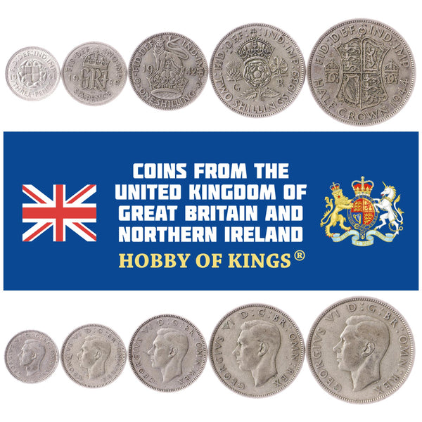 British 5 Coin Set 3 6 Pence 1 2 Shillings 1/2 Crown | George VI | Tudor Rose | United Kingdom | 1937 - 1946