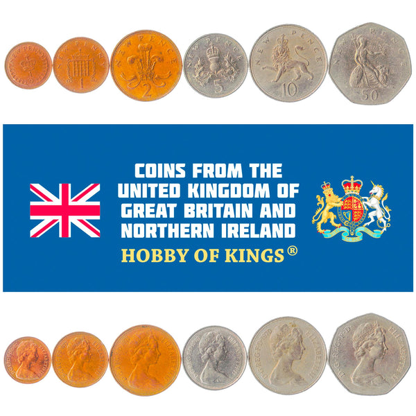 British 6 Coin Set 1/2 1 2 5 10 50 New Pence | Elizabeth II | Lion | Portcullis | Britannia | United Kingdom | 1968 - 1981