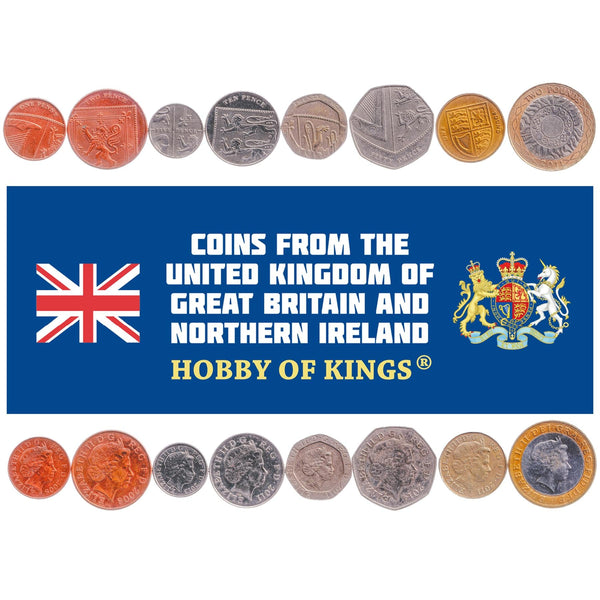 British 8 Coin Set 1 2 5 10 20 50 Pence 1 2 Pounds | Elizabeth II | Royal Shield | United Kingdom | 2008 - 2015