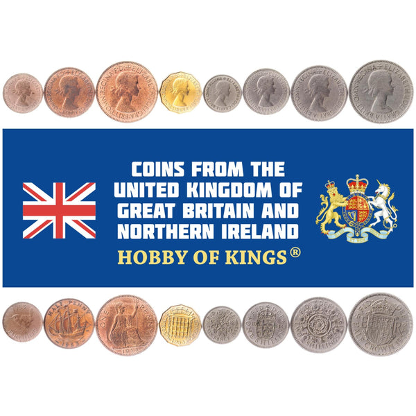 British 8 Coin Set | 1 Farthing 1/2 1 3 6 Pence 1 2 Shillings 1/2 Crown | United Kingdom | 1953