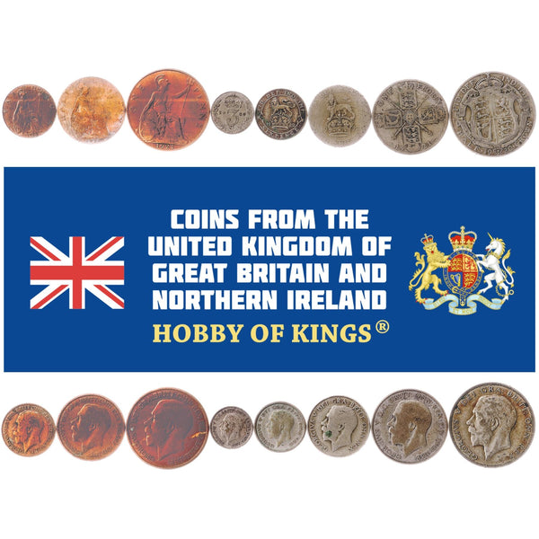 British 8 Coin Set 1 Farthing 1/2 1 3 6 Pence 1 Shilling 1 Florin 1/2 Crown | George V | Lion | Britannia | United Kingdom | 1920 - 1926