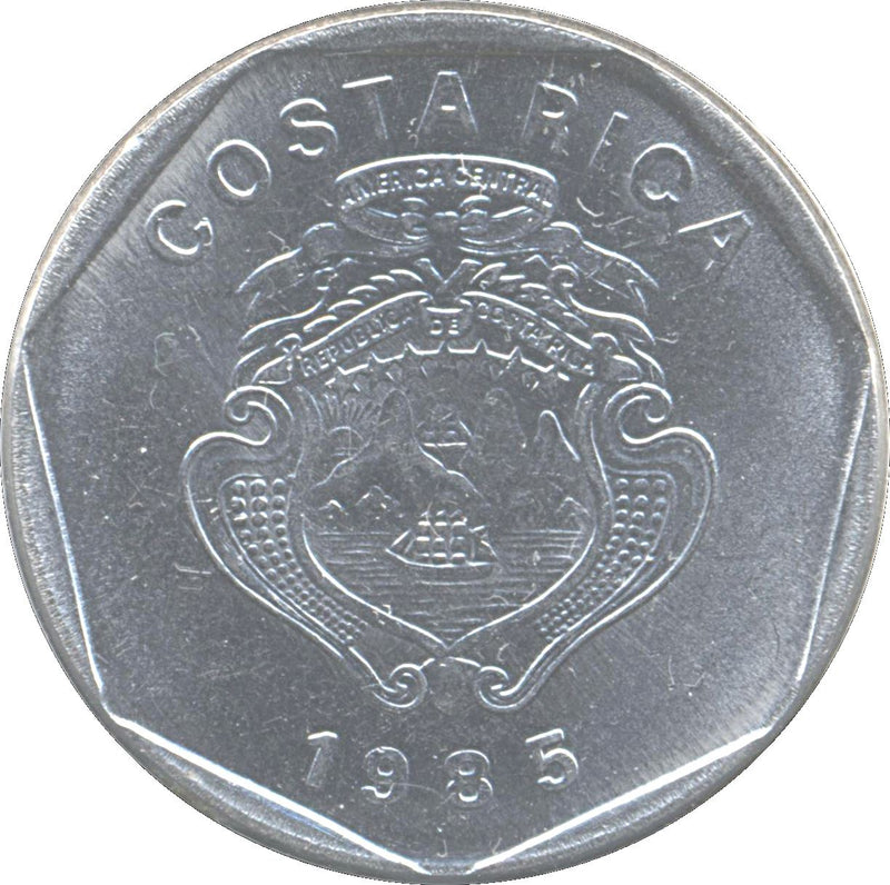 Costa Rica 5 Colones Coin | Stars | Volcno | Ship | Sun | KM214.1 | 1983 - 1989