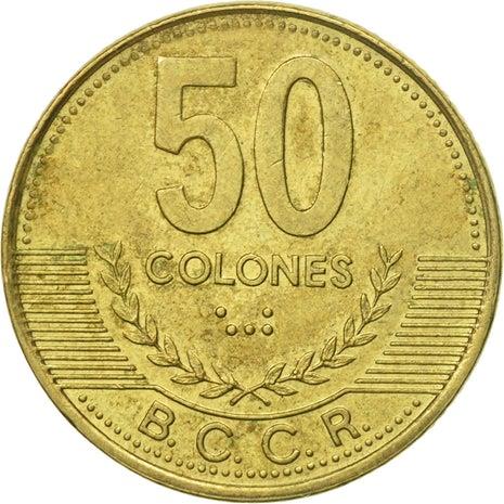 Costa Rica Coin | 50 Colones | Stars | Volcno | Ship | Sun | KM231.1a | 2002