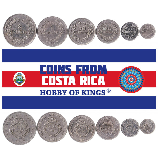 Costa Rican Tico 6 Coin Set 5 10 25 50 Céntimos 1 2 Colones | Laurel Wreath | Ship | Stars | Volcano | 1965 - 1980