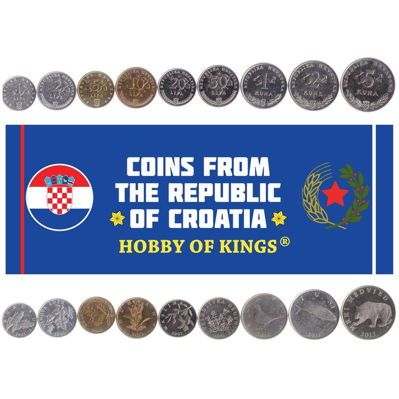 Croatian 9 Coin Set 1 2 5 10 20 50 Lipa 1 2 5 Kuna | Marten | Brown Bear | Nightingale | Tuna | Corn | Tobacco | Olive | Velebit Degenia | Red Oak | Grapes | Croatia | 1993 - 2021