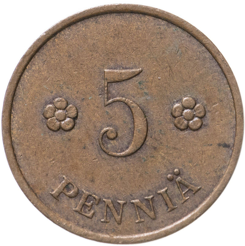 Finland | Finnish 5 Pennia Coin | Rose | KM22 | 1918 - 1940