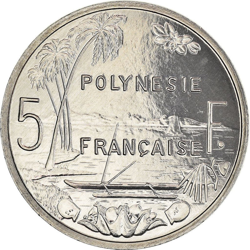 French Polynesia Coin French Polynesian 5 Francs | Liberty Sitting | Throne | Palm Tree | Sailboat | KM12 | 1975 - 2020