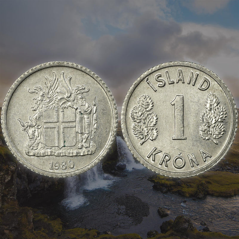 Iceland Coin Icelander 1 Krona | Bull Grioungur | Eagle Gammur | Dragon Dreki | Giant Bergrisi | Betula Pubescens | KM23 | 1976 - 1980