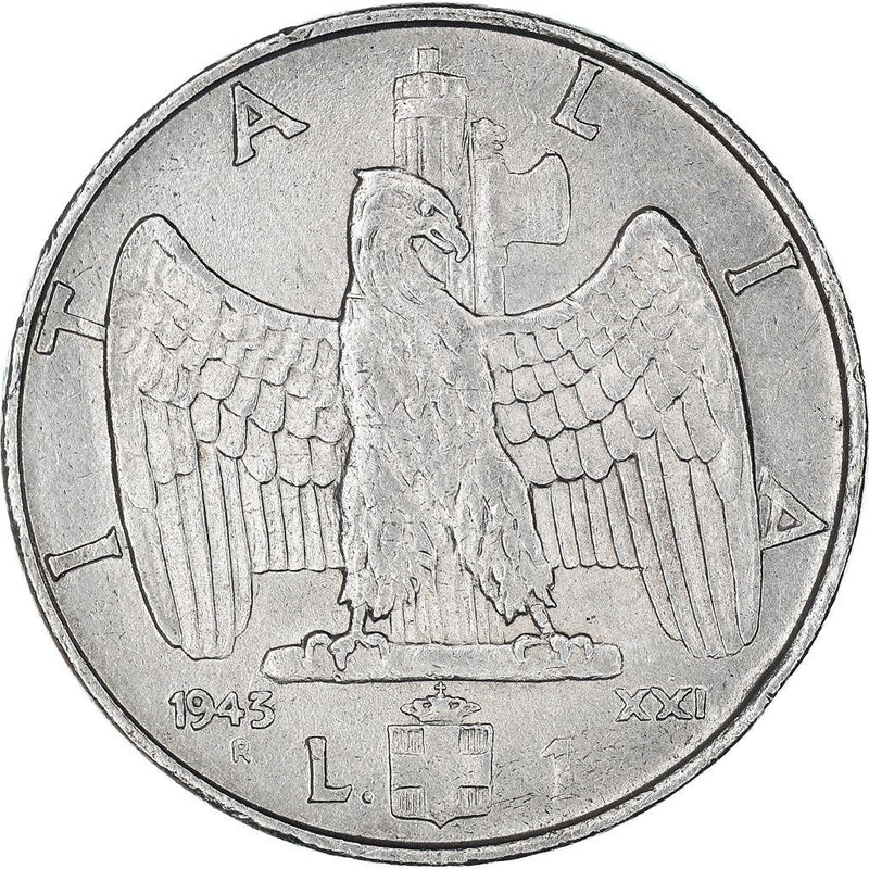 Italy Coin 1 Lira - Vittorio Emanuele III | Eagle | Fasces | Axe | Savoy Shield | KM77b | 1939 - 1943