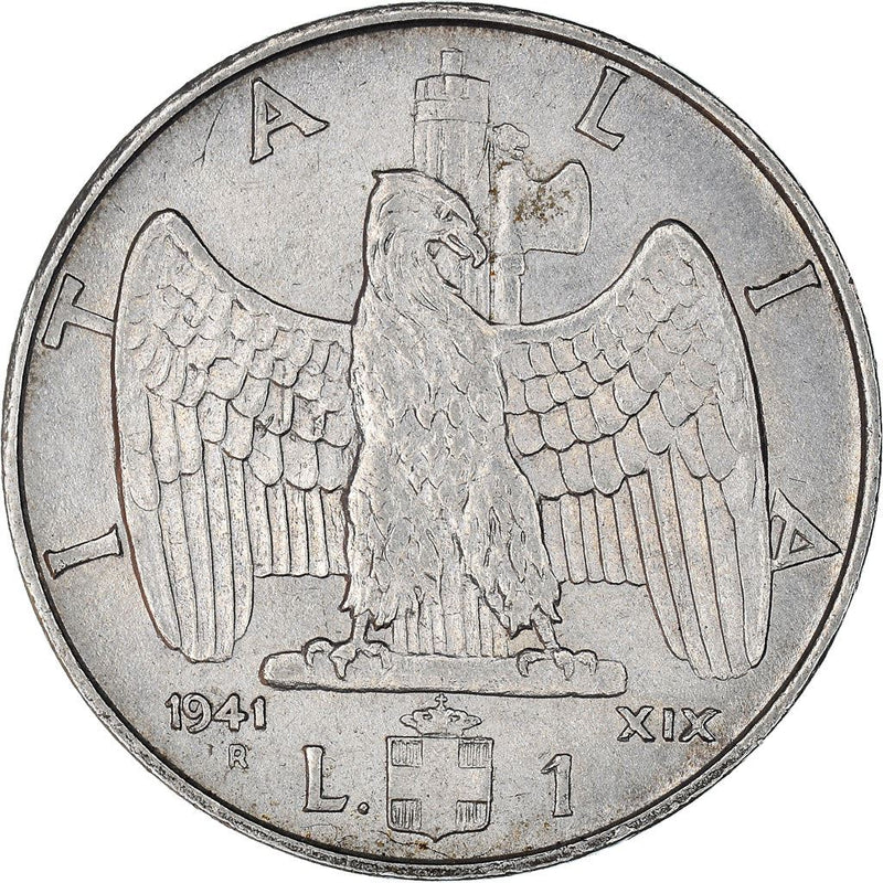 Italy Coin 1 Lira - Vittorio Emanuele III | Eagle | Fasces | Axe | Savoy Shield | KM77b | 1939 - 1943