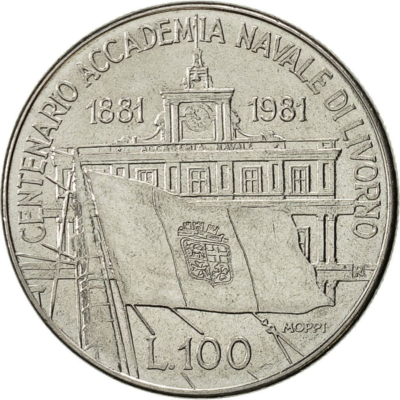 Italy Coin 100 Lire Livorno Naval Academy | Anchor | Ship | Italy Navy Flag | KM108 | 1981