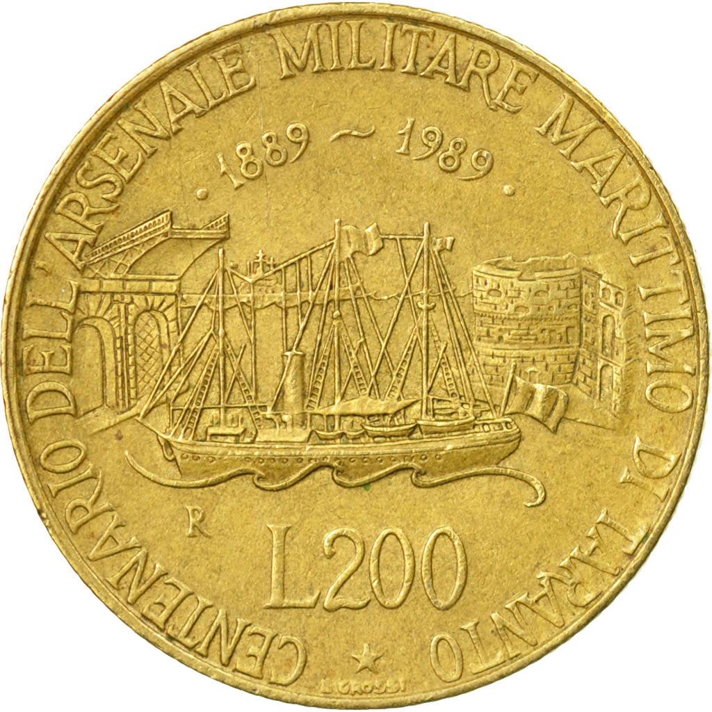 Italy Coin 200 Lire Taranto Naval Arsenal | Libertine | Ship Sailing | Castle | KM130 | 1989