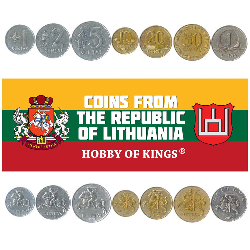Lithuanian 7 Coin Set 1 2 5 10 20 50 Centu 1 Litas | Knight | Horse | Vytis | Lithuania | 1991 - 2014