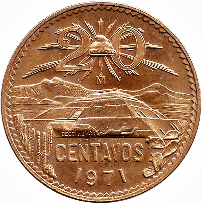 Mexico | 20 Centavos Coin | Liberty cap | Pyramid | Popocatepetl | KM441 | 1971 - 1974