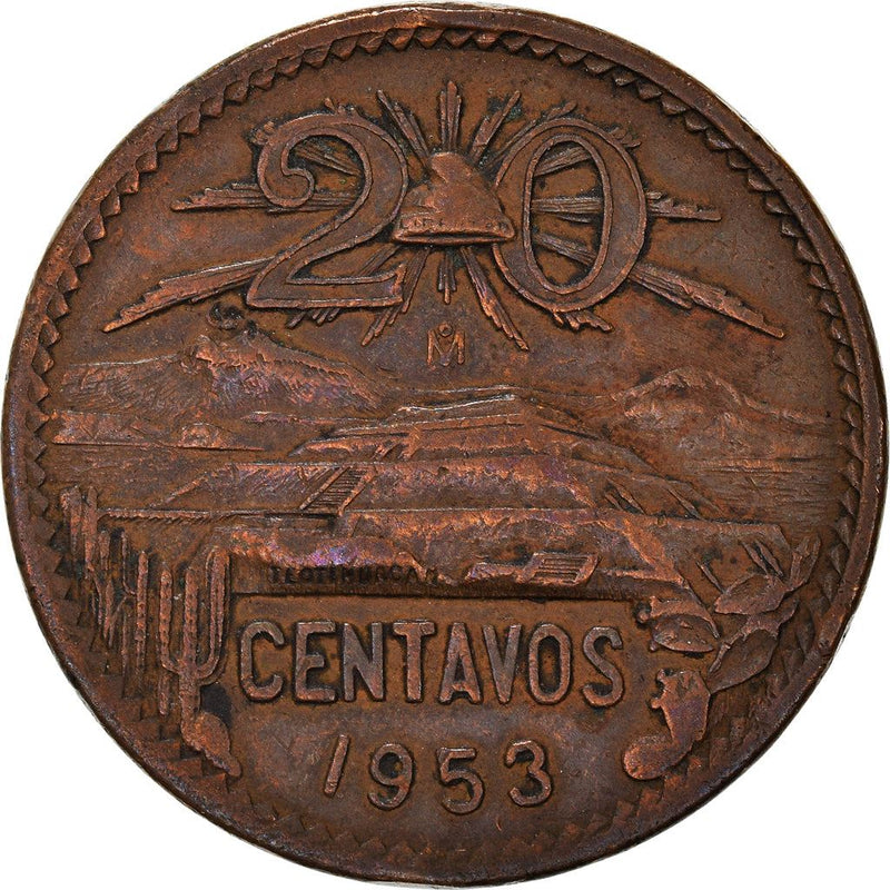 Mexico 20 Centavos | Liberty cap | Pyramid | Teotihuacán Coin | KM439 | 1943 - 1955