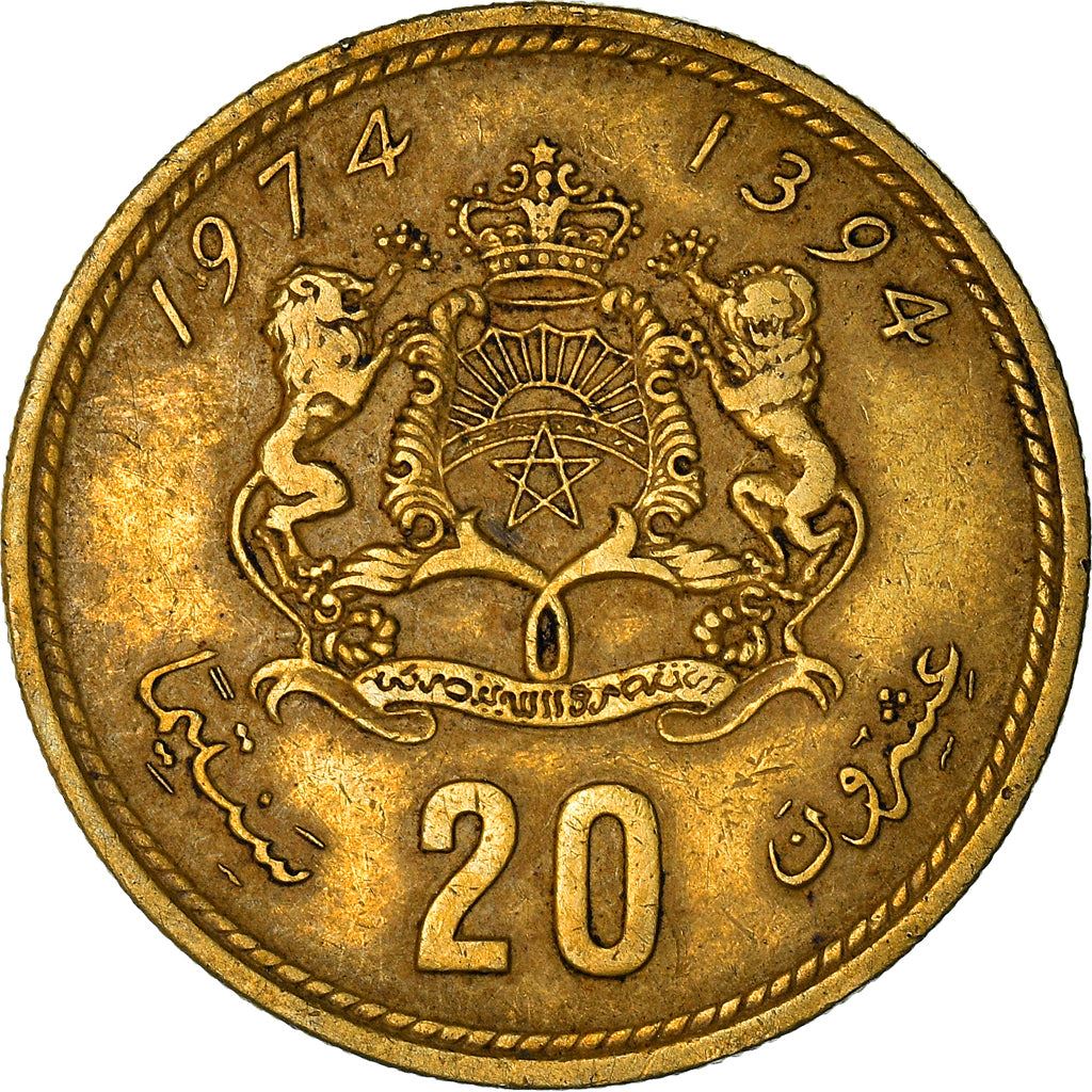 Morocco 20 Santimat / Centimes - Hassan II 2nd portrait Coin Y61 1974