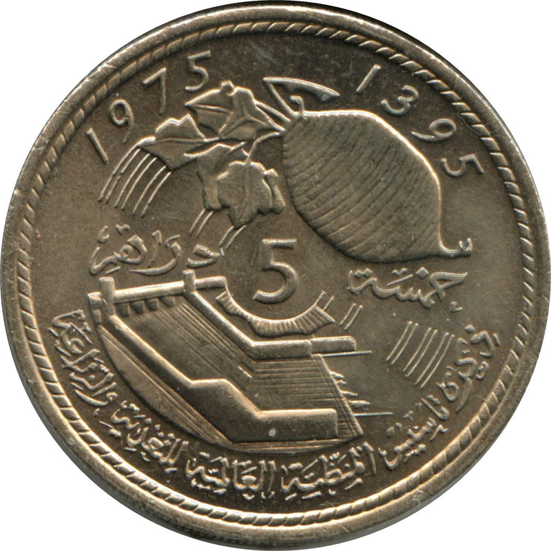 Morocco | 5 Dirhams Coin | Hassan II 2nd portrait | FAO | Y64 | 1975