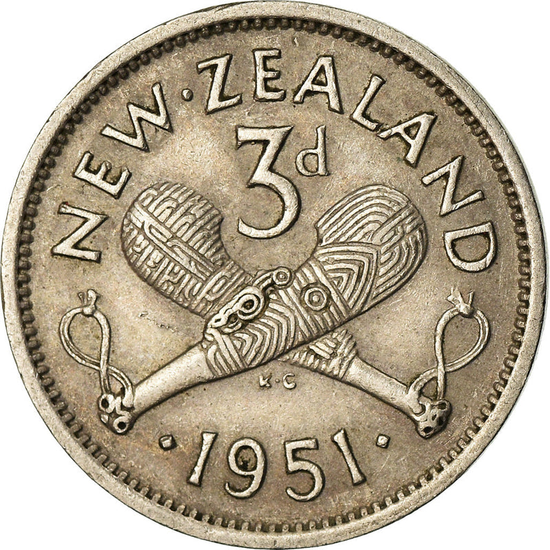 New Zealander 3 Pence Coin | King George VI | Carved Patu | KM15 | 1948 - 1952