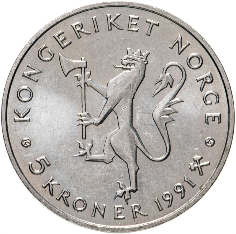 Norway 5 Kroner Coin | Olav V National Bank | KM430 | 1991