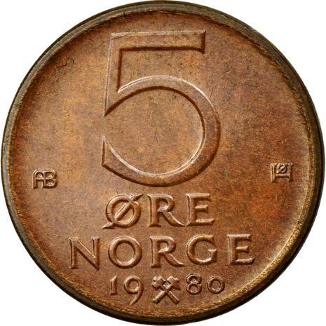 Norway 5 Øre - Olav V Coin KM415 1973 - 1982