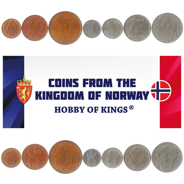 Norway 7 Coin Set 1 2 5 10 25 50 Ore 1 Krone | King Olav V | Elk | Horse | Grouse | Chickadee | Elkhound | Bee | 1958 - 1973